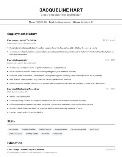 Electromechanical Technician Resume
