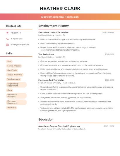 Electromechanical Technician Resume