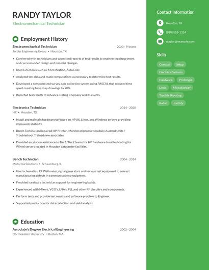 Electromechanical Technician Resume