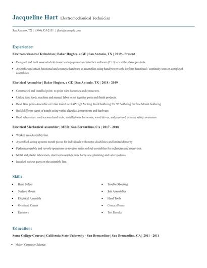 Electromechanical Technician Resume