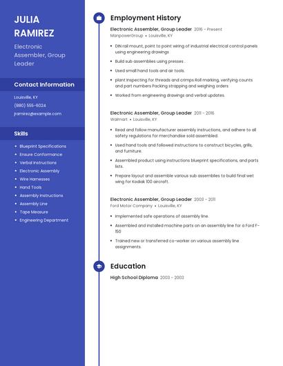 Electronic Assembler, Group Leader Resume