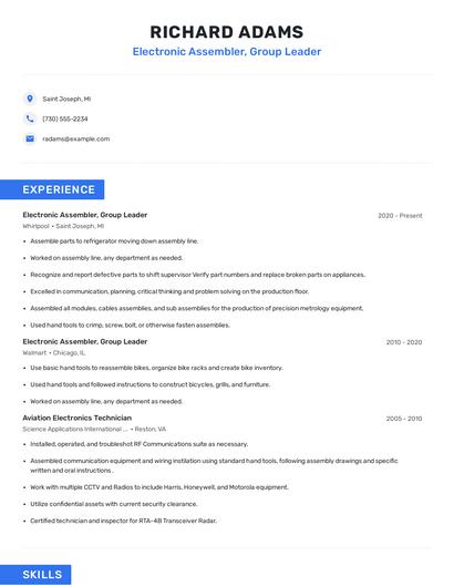Electronic Assembler, Group Leader Resume
