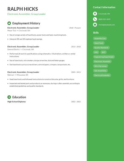 Electronic Assembler, Group Leader Resume