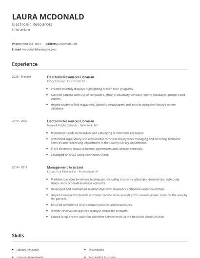 Electronic Resources Librarian Resume
