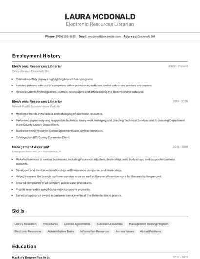 Electronic Resources Librarian Resume