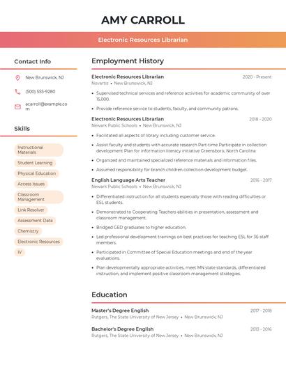 Electronic Resources Librarian Resume