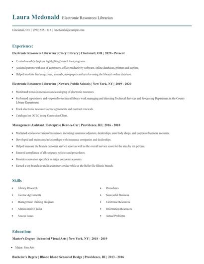 Electronic Resources Librarian Resume