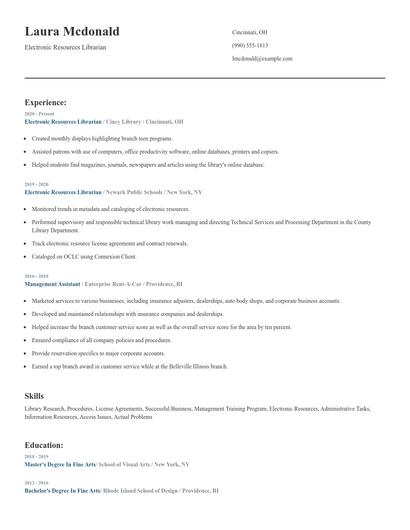 Electronic Resources Librarian Resume