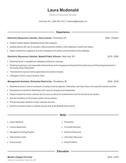 Electronic Resources Librarian Resume