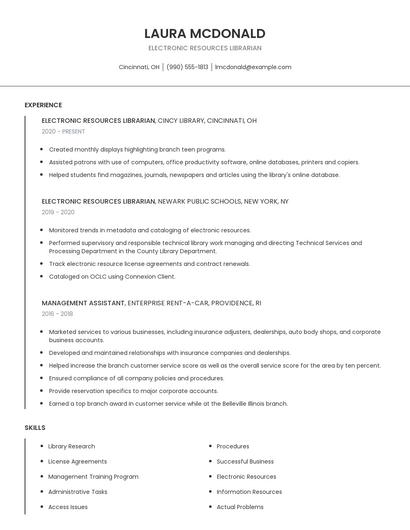 Electronic Resources Librarian Resume