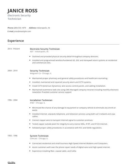 Electronic Security Technician Resume