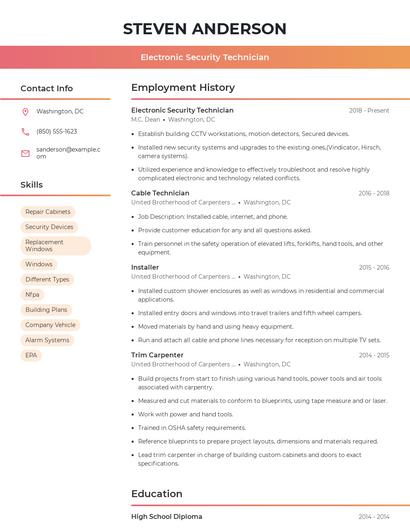 Electronic Security Technician Resume