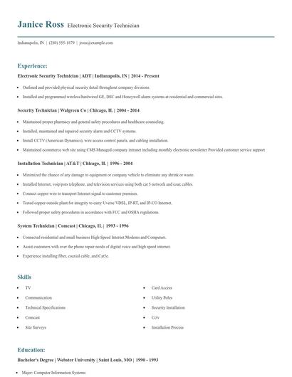 Electronic Security Technician Resume