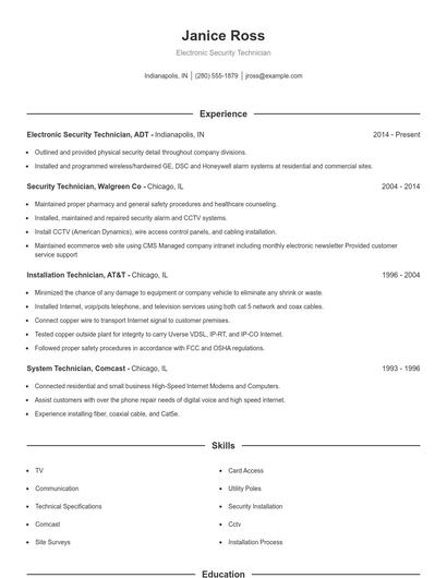 Electronic Security Technician Resume