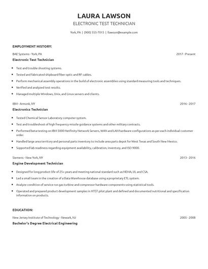 Electronic Test Technician Resume