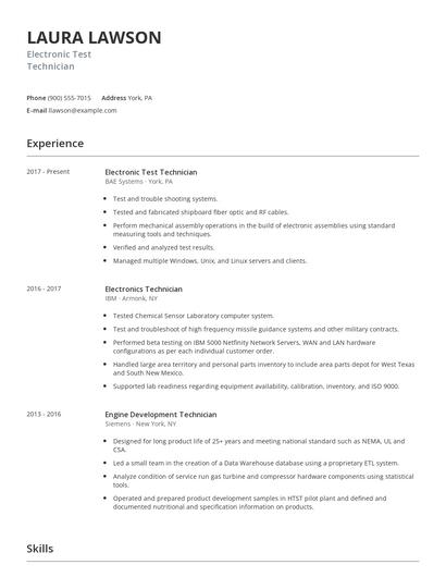 Electronic Test Technician Resume