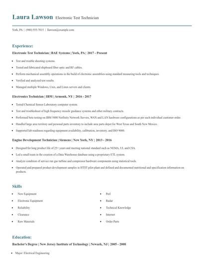 Electronic Test Technician Resume