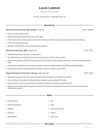 Electronic Test Technician Resume