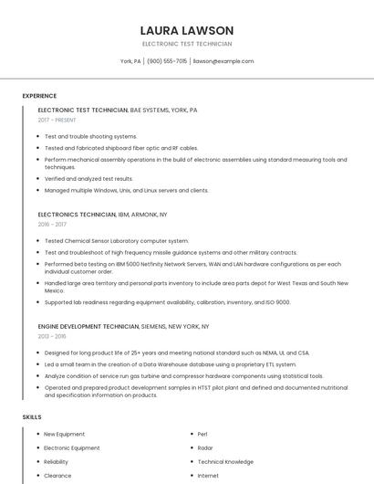 Electronic Test Technician Resume