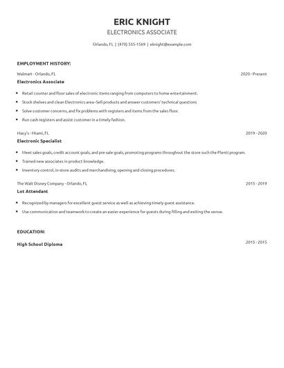 Electronics Associate Resume