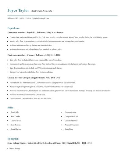 Electronics Associate Resume