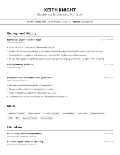 Electronics Engineering Professor Resume
