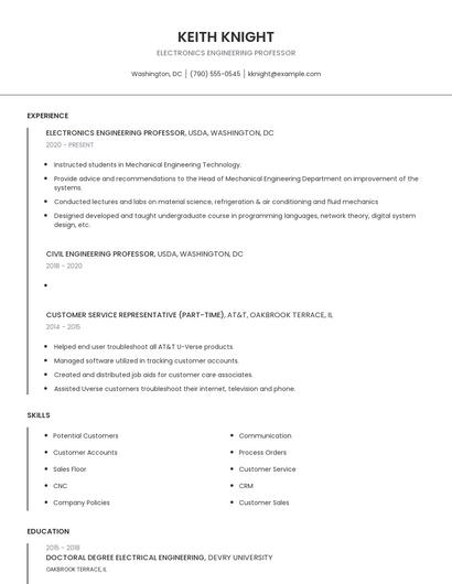 Electronics Engineering Professor Resume