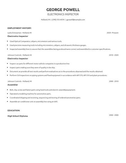 Electronics Inspector Resume