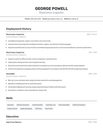 Electronics Inspector Resume