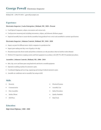 Electronics Inspector Resume