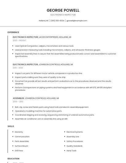 Electronics Inspector Resume