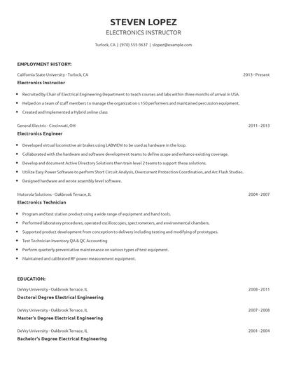 Electronics Instructor Resume