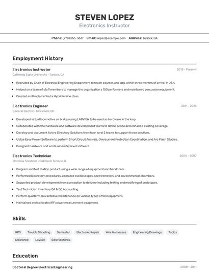 Electronics Instructor Resume
