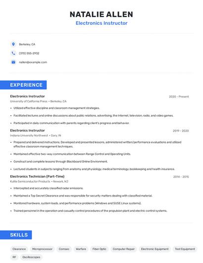 Electronics Instructor Resume