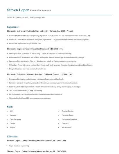 Electronics Instructor Resume