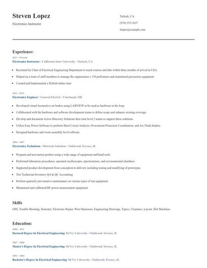 Electronics Instructor Resume
