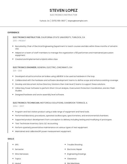 Electronics Instructor Resume