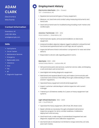 Electronics Mechanic Resume