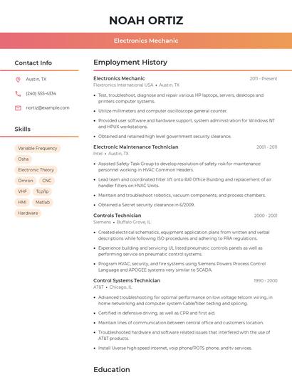 Electronics Mechanic Resume
