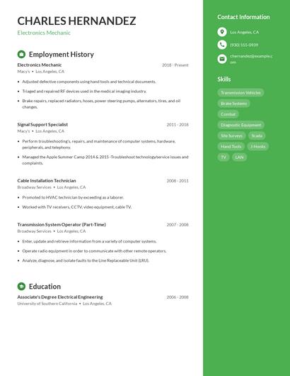 Electronics Mechanic Resume