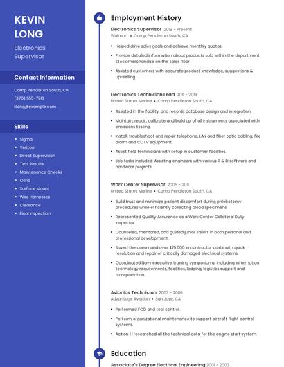 Electronics Supervisor Resume