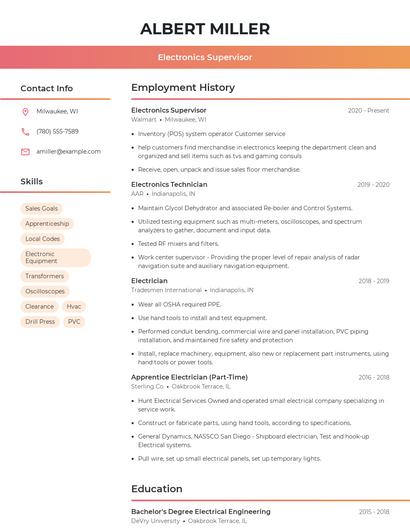 Electronics Supervisor Resume