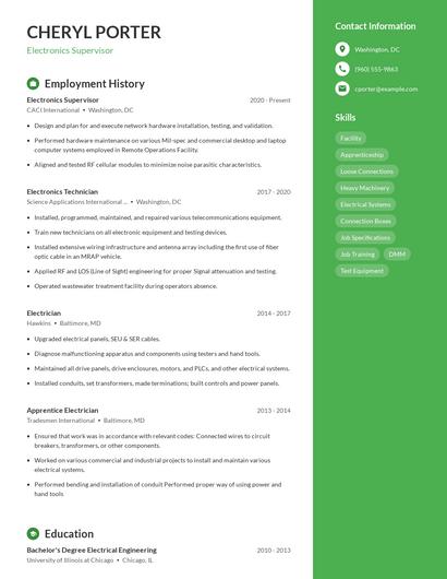 Electronics Supervisor Resume