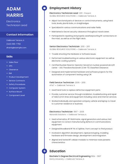 Electronics Technician Lead Resume