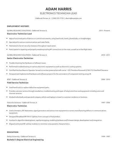 Electronics Technician Lead Resume