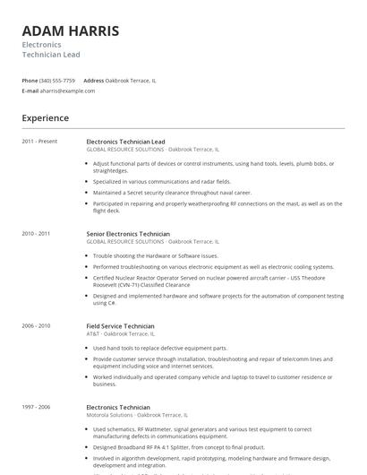 Electronics Technician Lead Resume