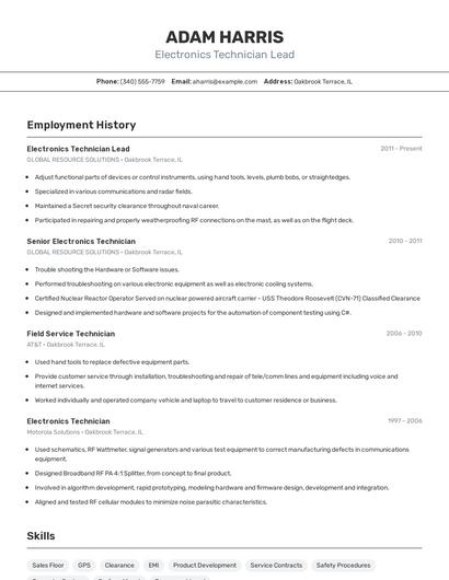 Electronics Technician Lead Resume