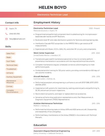 Electronics Technician Lead Resume