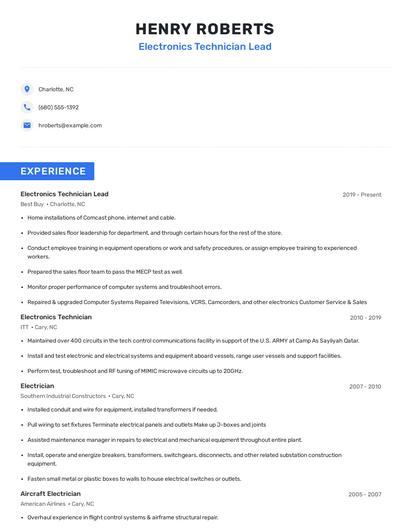 Electronics Technician Lead Resume
