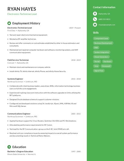 Electronics Technician Lead Resume